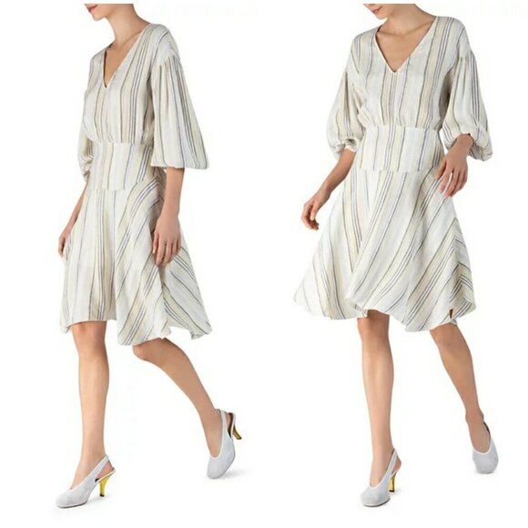 💕ATM💕 Asymmetric Striped Linen Viscose Blend Dress ~ Ivory Multi-Color Print 6 - Picture 6 of 15